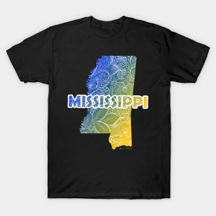 Colorful mandala art map of Mississippi with text in blue and yellow T-Shirt